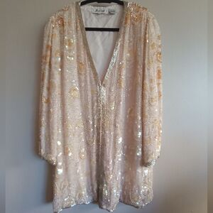 Joy Cherry Rose Gold Silk Sequin, Pearl & Beaded Blazer Jacket Size 10